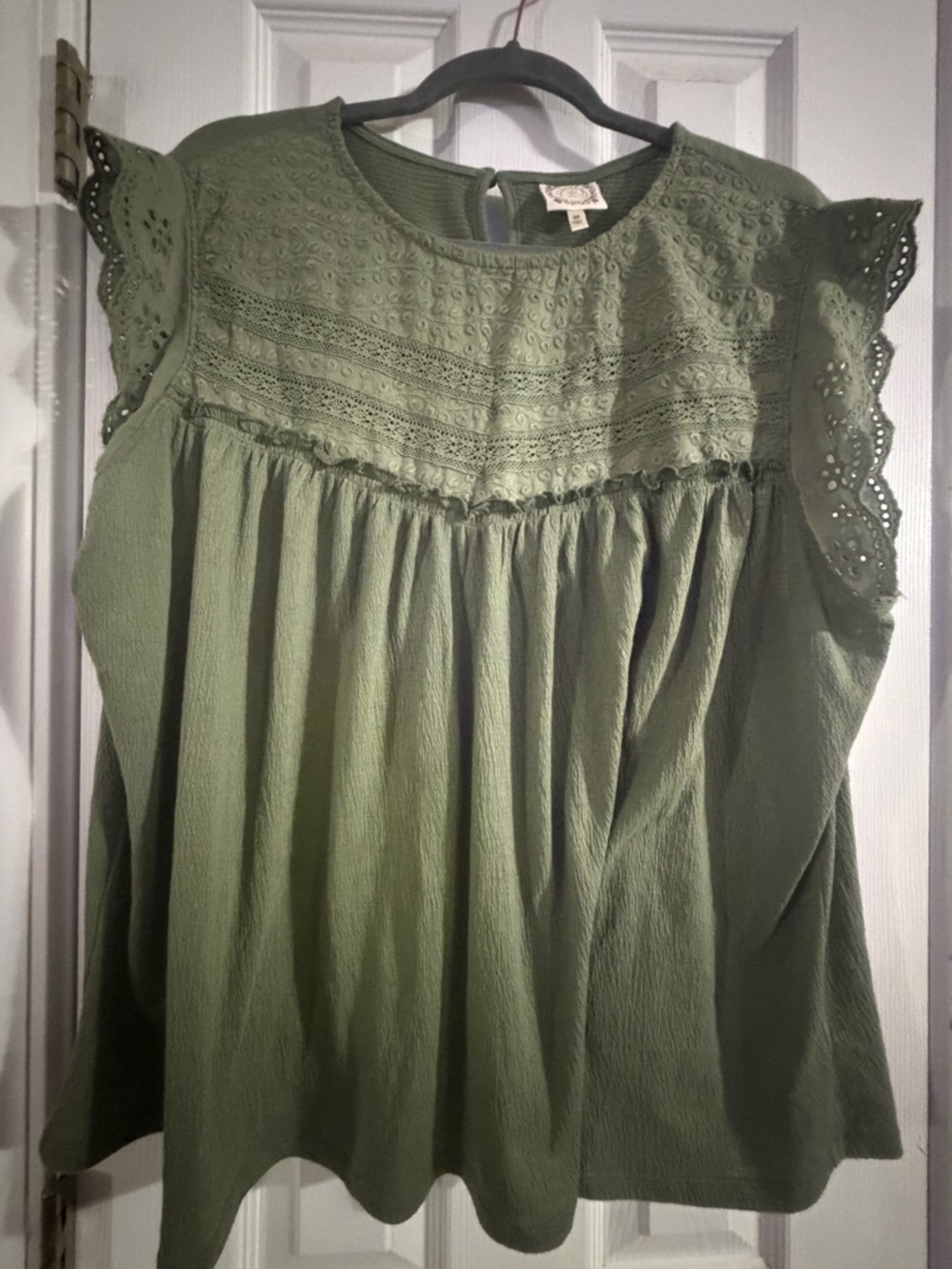 Eyelet Yoke Flutter Sleeve Blouse in Olive Green